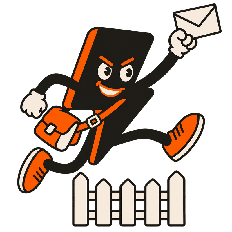 Bolt as a mail carrier hurdling a fence with one envelope held high