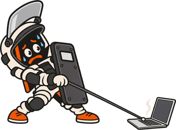 Bolt in a bomb-disposal suit, hiding behind a riot shield and poking a laptop with a very long stick