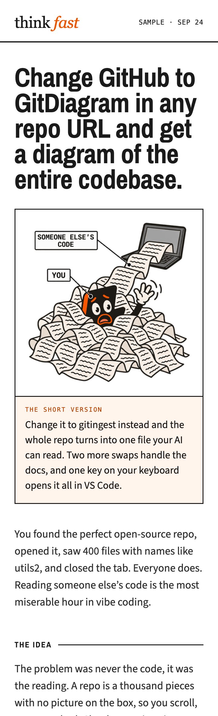 The top of a Think Fast issue about GitDiagram: the headline, a cartoon of Bolt buried in code printouts, and the short version